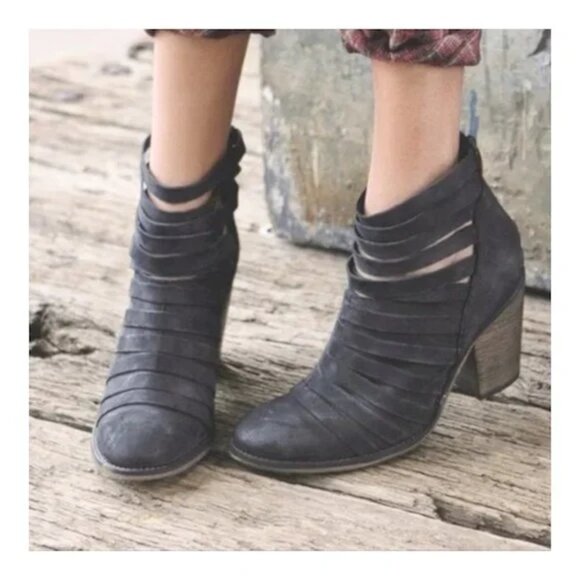 FREE PEOPLE Hybrid Nubuck Leather Strappy Ankle Bootie Navy Zip - Picture 1 of 9